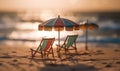 Tiny deck chairs and umbrellas on the beach