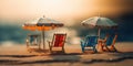 Tiny deck chairs and umbrellas on the beach