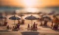 Tiny deck chairs and umbrellas on the beach