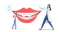 Tiny Dentist Doctors Characters Install Dental Braces to Huge Patient Teeth, Orthodontist Treatment, Dentistry Concept