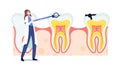 Tiny Dentist Female Doctor Character in Robe Hold Stomatological Mirror Care of Huge Tooth. Stomatology Clinic Dentistry