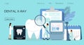 Tiny dentists work, treat illness tooth. Dental health vector concept