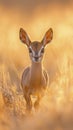 A tiny dik-dik antelope cautiously stepping through the golden grasslands, its large eyes full of curiosity Royalty Free Stock Photo