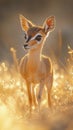 A tiny dik-dik antelope cautiously stepping through the golden grasslands, its large eyes full of curiosity Royalty Free Stock Photo