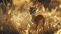 A tiny dik-dik antelope cautiously stepping through the golden grasslands, its large eyes full of curiosity Royalty Free Stock Photo