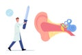 Tiny Doctor Audiologist with Pipette for Dripping Remedy in Huge Sick Ear, Otolaryngologist Male Character Heal Patient