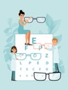 Tiny doctor character male female sitting eye test, woman man hold medical glasses flat vector illustration. Design Royalty Free Stock Photo