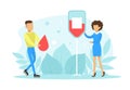 Tiny Doctor and Male Blood Donor, Blood Donation Charity Concept Flat Vector Illustration