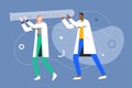 Tiny doctors carrying a huge glass tubing, medical research concept, vector illustration, cartoon characters, lab