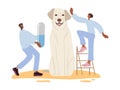 Tiny doctors and dog. Veterinarian woman and man and Labrador Retriever. Huge domestic animal. Doctors wearing special
