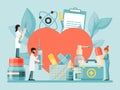 Tiny doctors and scientist examine, study and treat big heart with bottles and medication packages vector illustration