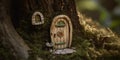 A tiny door and window on a tree trunk, suggesting the enchanting world of fairies and woodland creatures, concept of