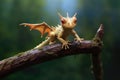 tiny dragon perched on a branch, sunbathing Royalty Free Stock Photo