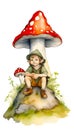 Tiny Fantasy Elf sat under a mushroom taking a rest in the forest. Royalty Free Stock Photo