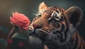 Tiny Explorer, Close-Up of a Baby Tiger Curiously Smelling a Flower, Generative AI Royalty Free Stock Photo