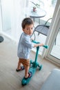 Tiny explorer: Cute toddler's blue push scooter adventures at home