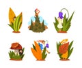 Tiny Fairy People Walking in Tall Grass and Hiding Behind Mushroom and Blade Vector Set