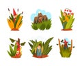 Tiny Fairy People Walking in Tall Grass and Hiding Under Leaf in Rain Vector Set