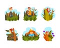Tiny Fairy People Walking in Tall Grass and Sitting on Fir Tree Vector Set