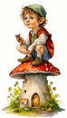 Tiny Fantasy Elf sat on a mushroom house taking a rest in the forest. Royalty Free Stock Photo