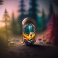 Tiny world inside transparent capsule at blurred forest background