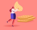 Tiny Female Character Carry Huge Corrugated Potato Chips Passing by Pile of Cookies Crackers. Snack, Fast Food