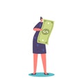 Tiny Female Character Carry Huge Dollar Banknote. Online Payment, Donation, Money Transaction Concept