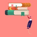 Tiny Female Character Climbing by Rope on Bookshelf with Huge Books. Education, Preparation to Exams and Reading Royalty Free Stock Photo