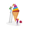 Tiny Female Character Holding Huge Fruit Ice Cream in Waffle Cone Man on Ladder Eat with Spoon. Summer Time Food Snack