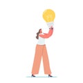 Tiny Female Character with Huge Glowing Light Bulb in Hands. Businesswoman Has Creative Idea, Muse, Business Vision