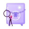 Tiny Female Character with Huge Magnifying Glass and Badge. Insider, Businesswoman, Bank Employee Stand at Closed Safe Royalty Free Stock Photo