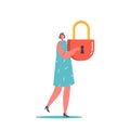Tiny Female Character with Huge Padlock in Hands Isolated on White Background. Identification Information Royalty Free Stock Photo