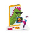 Tiny Female Character at Huge Smartphone with Funny Dragon on Screen Using Mobile Put Play Button on Gadget Device