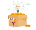 Tiny Female Character Insert Golden Money Coins at Huge Carton Box with Glowing Lightbulb Sponsoring Creative Business