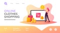 Tiny Female Character Make Purchase in One Click in Internet Store Landing Page Template. Online Shopping with Gadget Royalty Free Stock Photo