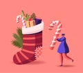 Tiny Female Character Prepare for Christmas, New Year Holiday Celebration. Woman Carry Huge Candy Cane near Festive Sock