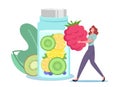 Tiny Female Character Put Huge Raspberry in Glass Bottle with Infused Water, Lemonade or Juice with Fruit Slices, Detox