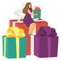 Tiny female character sitting christmas present box, nativity mood concept, woman hold xmax gift flat vector Royalty Free Stock Photo