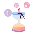 Tiny Female Character Sitting on Huge Hourglass Waiting Software Update. Procrastination Process, Time Management Royalty Free Stock Photo