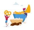 Tiny Female Character Taking Cookies and Pretzel from Huge Plate, Chocolate Bar below. People Eating Snack and Fast Food