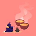 Tiny Female Character in Traditional Chinese or Japanese Kimono Sitting on Tatami Brewing Tea for Ceremony