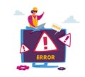 Tiny Female Character in Worker Uniform Sit on Huge Pc Monitor with System Error Warning on Screen. Professional Help