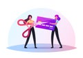 Tiny Female Characters Cutting Expired Credit Card with Huge Scissors. Irrelevant Banking Data Deletion, Bankruptcy Royalty Free Stock Photo