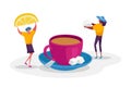 Tiny Female Characters Drinking Hot Beverage in Cold Season Concept. Women Put Lemon Slice or Cane Sugar Cube to Cup