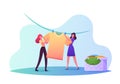 Tiny Female Characters Drying Wet Clothes.Young Women Hanging Clean Wet Clothing on Rope Taking Washed Linen from Basket Royalty Free Stock Photo