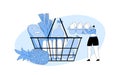 Tiny Female Customer Character In Grocery Or Supermarket With Goods In Shopping Basket Hold Eggs Package