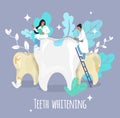 Tiny female doctor dentist whitening big tooth, flat vector illustration. Teeth whitening procedure. Dental health.