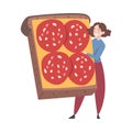 Tiny Female Interacting with Huge Sandwich with Salami Slices Vector Illustration