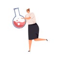 Tiny female scientist with big glass flask. Chemistry and chemical lab research concept. Chemist with laboratory