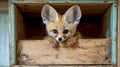 tiny fennec fox cub sits curiously on edge of rustic wooden box its large ears twitching as it listens. soft golden fur